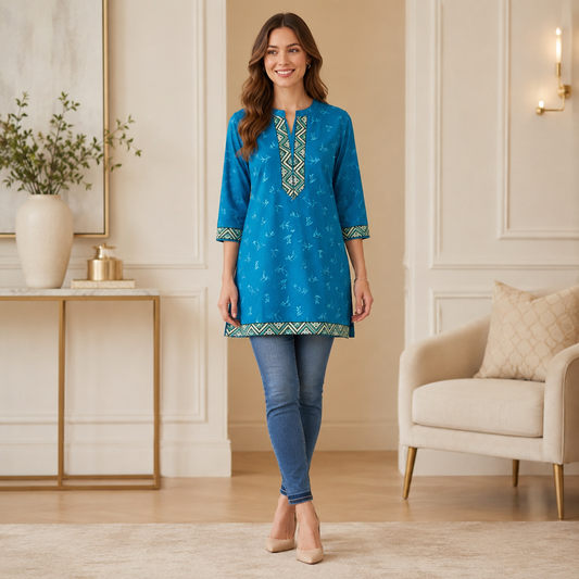 Teal Blue Printed Lace Border Long Kurti – Q1991