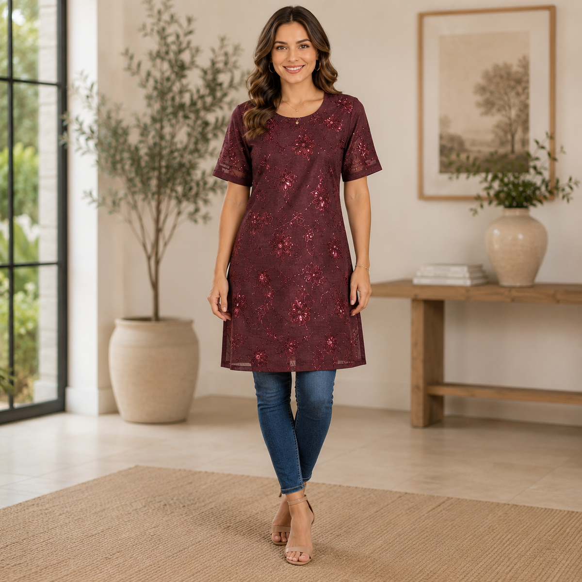 Dark Maroon Floral Embroidered Long Kurti – Q1993