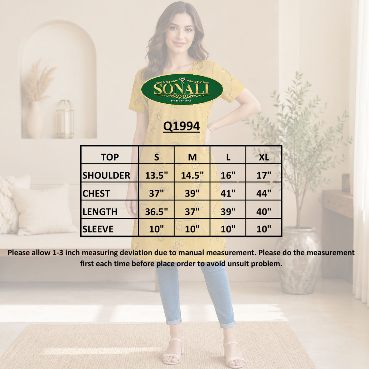 Mustard Floral Embroidered Long Kurti – Q1994