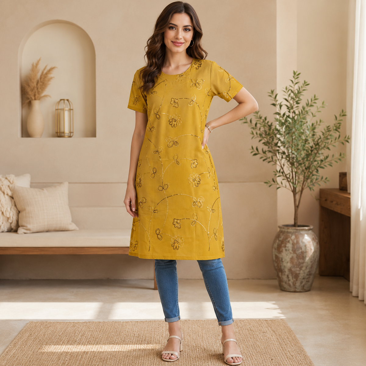 Mustard Floral Embroidered Long Kurti – Q1994