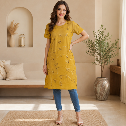 Mustard Floral Embroidered Long Kurti – Q1994