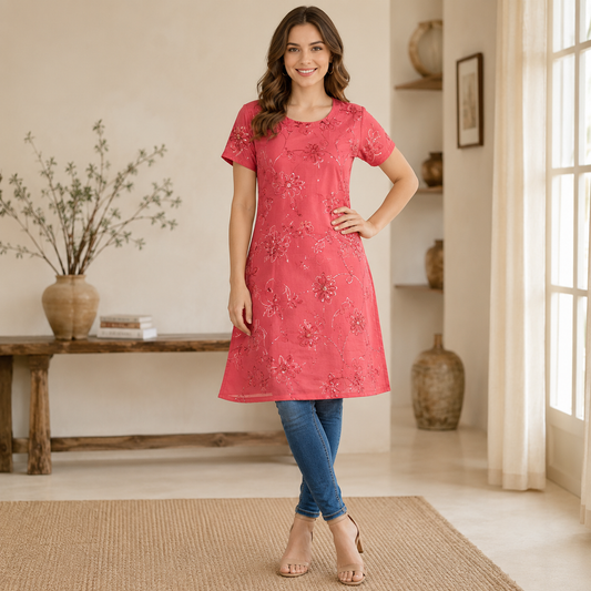 Coral Pink Floral Embroidered Long Kurti – Q1995