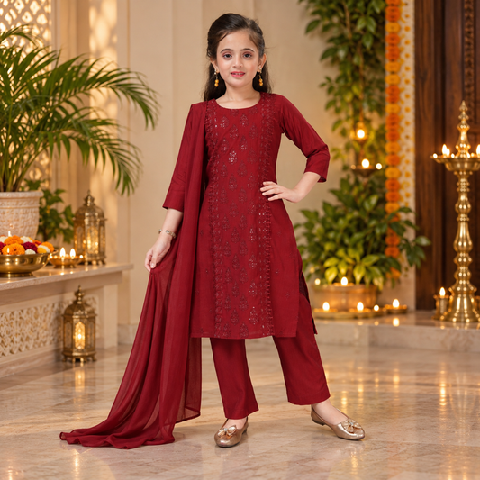 Girls' Elegant Maroon Embroidered Suit Set – Q1999