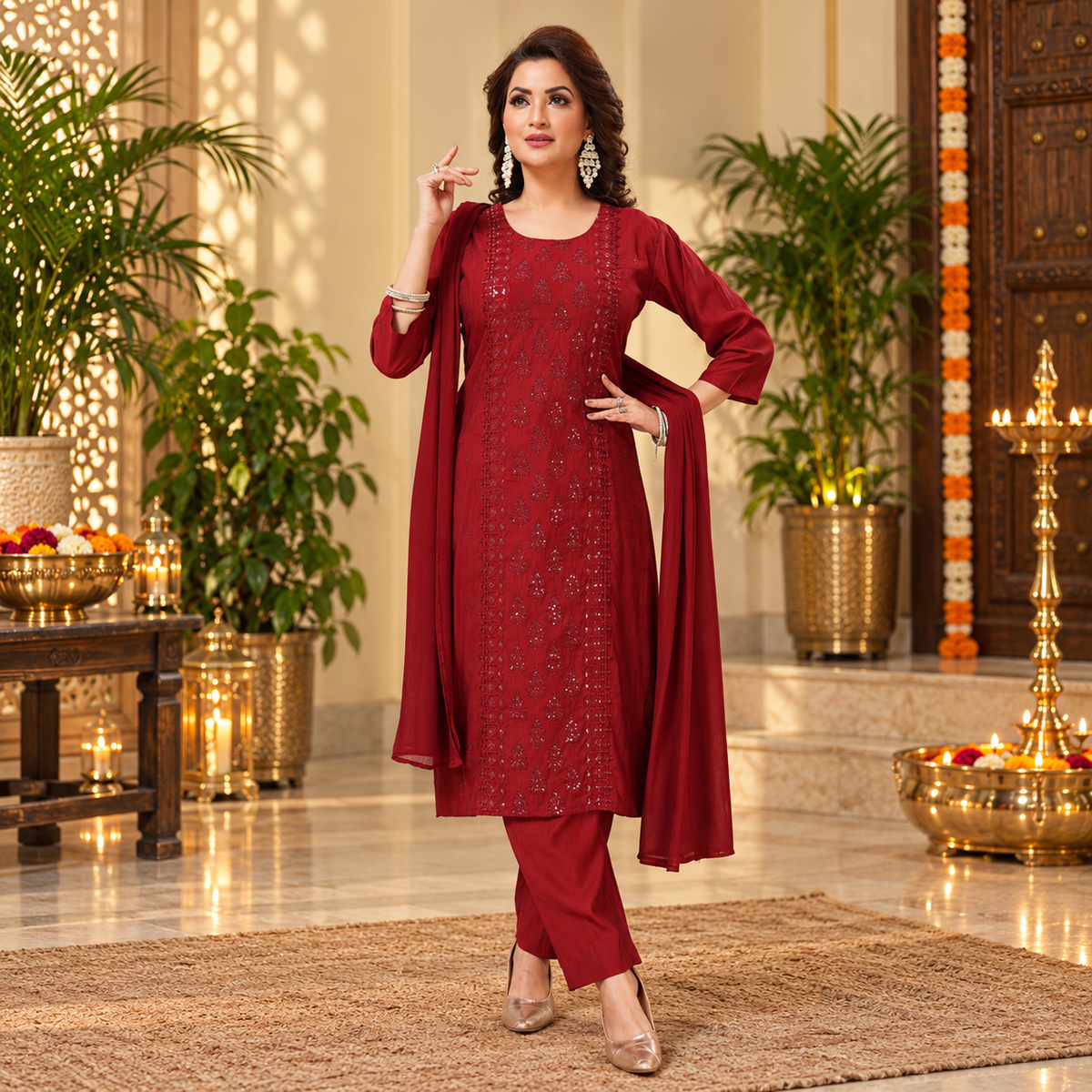 Ladies' Elegant Maroon Embroidered Suit Set – Q2000