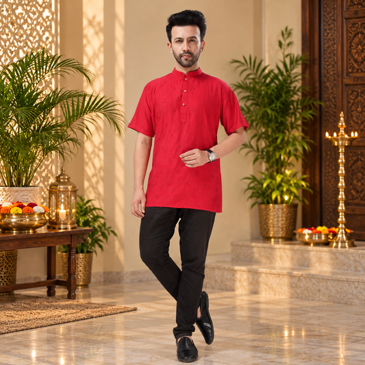 Men's Classic Red Embroidered Short Sleeve Kurta – Q2004