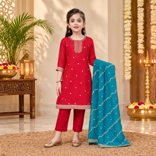 Girls' Elegant Red Embroidered Suit with Teal Dupatta – Q2005