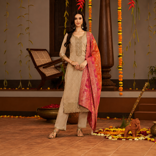 Elegant Beige Embroidered Suit with Banarasi Dupatta - LSK339