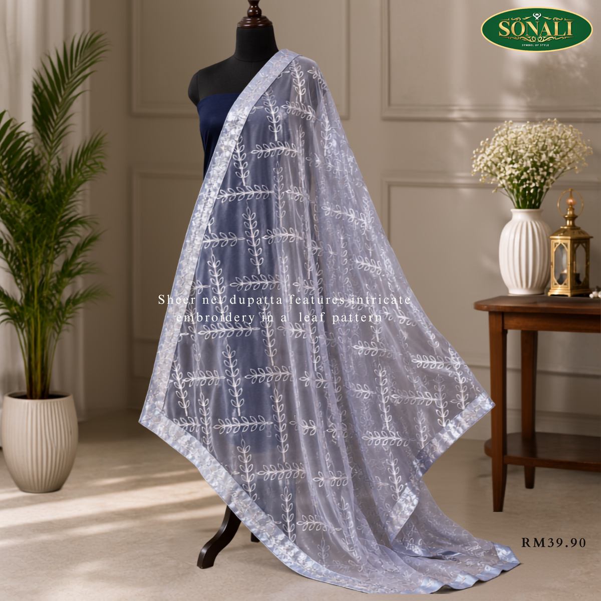 Sheer Net Leaf Pattern Dupatta