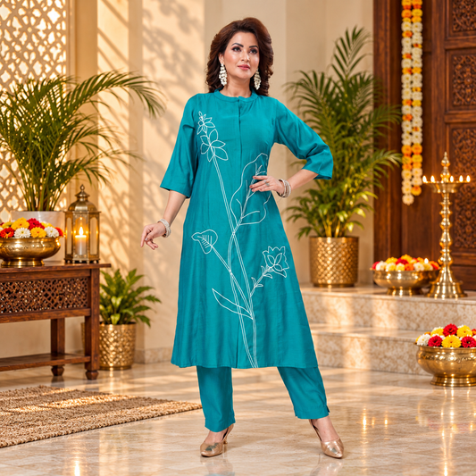 Ladies' Elegant Teal Blue Floral Kurti & Pant Set – Q2014