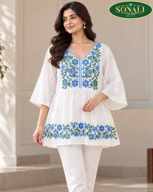 White & Blue Floral Embroidered Top – LJE135