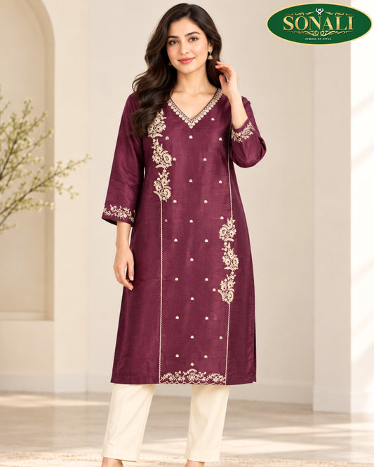 Maroon Embroidered Kurti  - LJE135