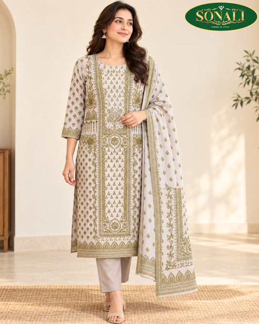 Ivory & Olive Printed Suit Set – LSK189