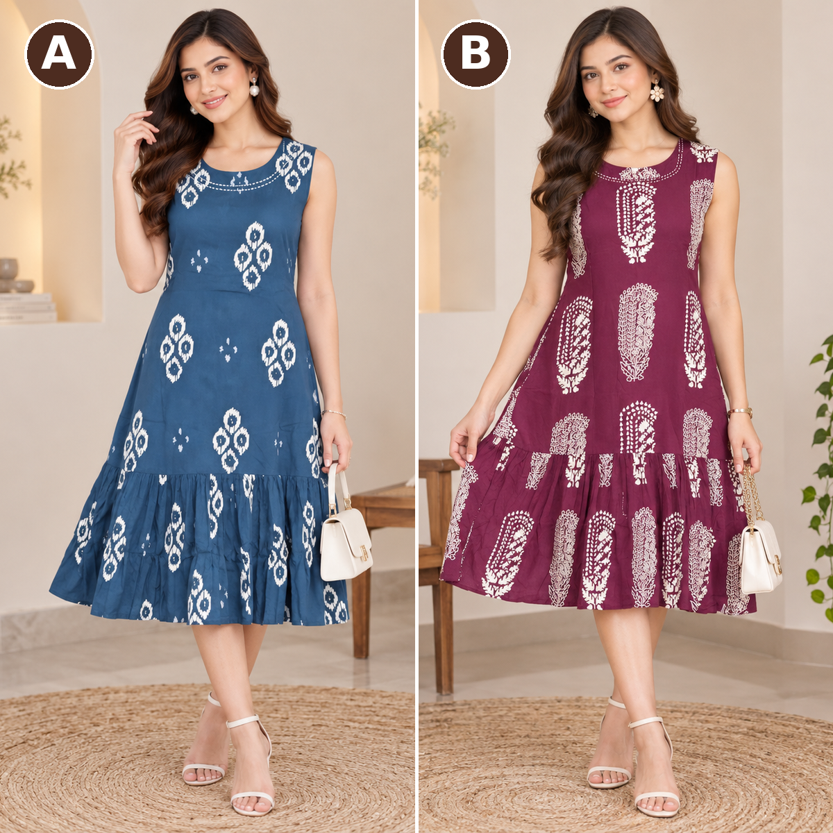 Ladies Sleeveless Floral Printed Flare Dress – Knee Length – LJE135