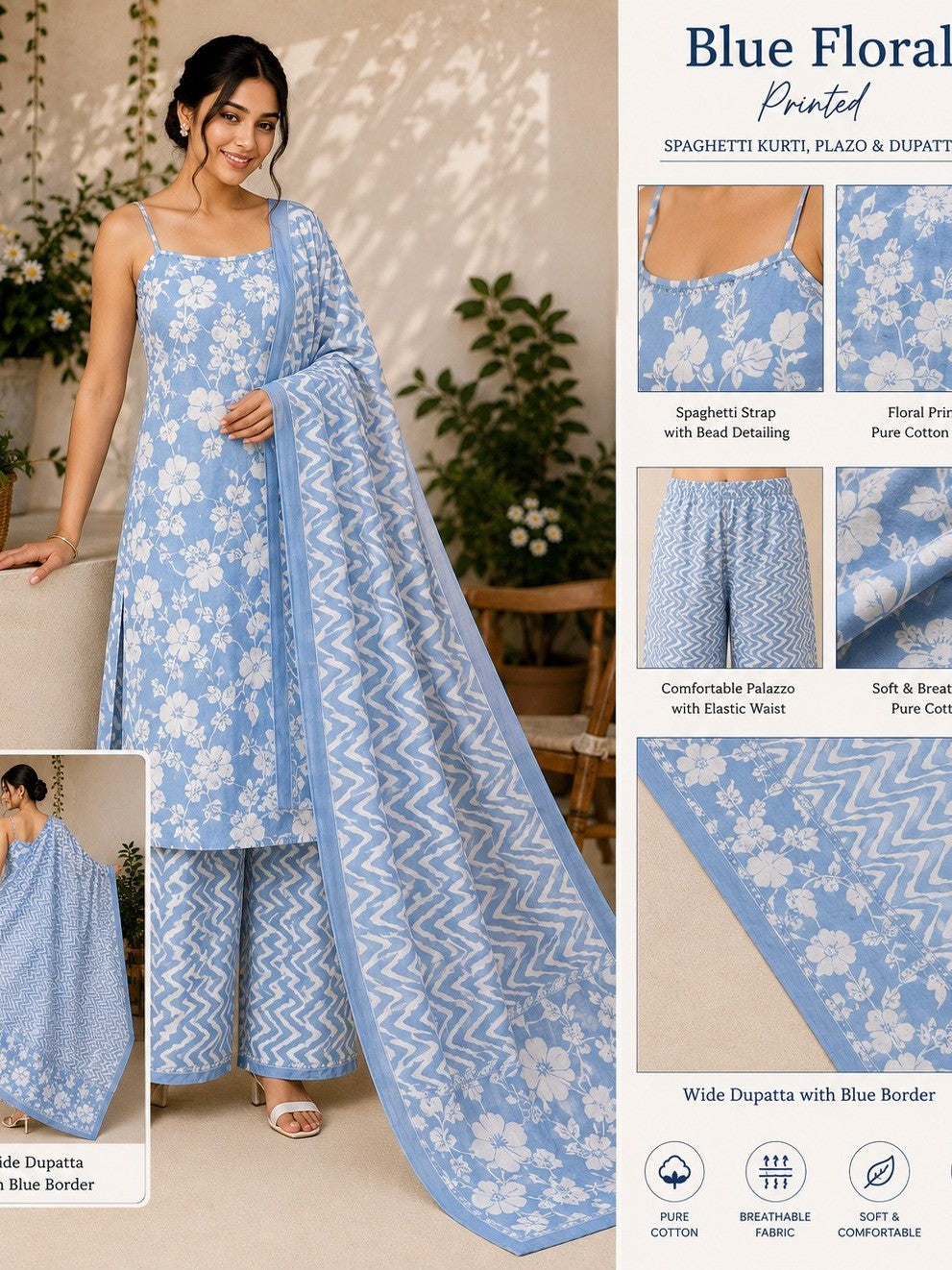 Women's Floral Printed Pure Cotton Kurti Set with Palazzo & Dupatta