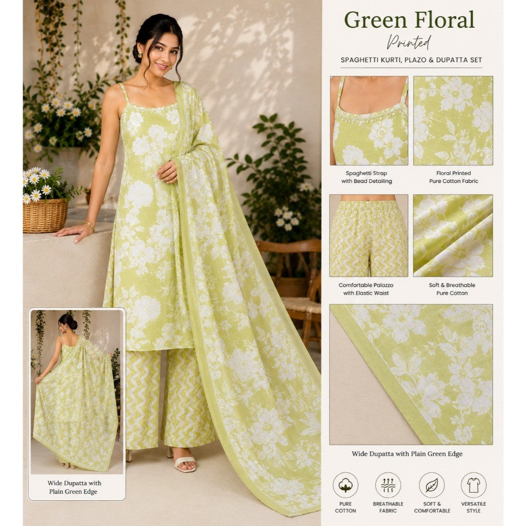 Women's Floral Printed Pure Cotton Kurti Set with Palazzo & Dupatta