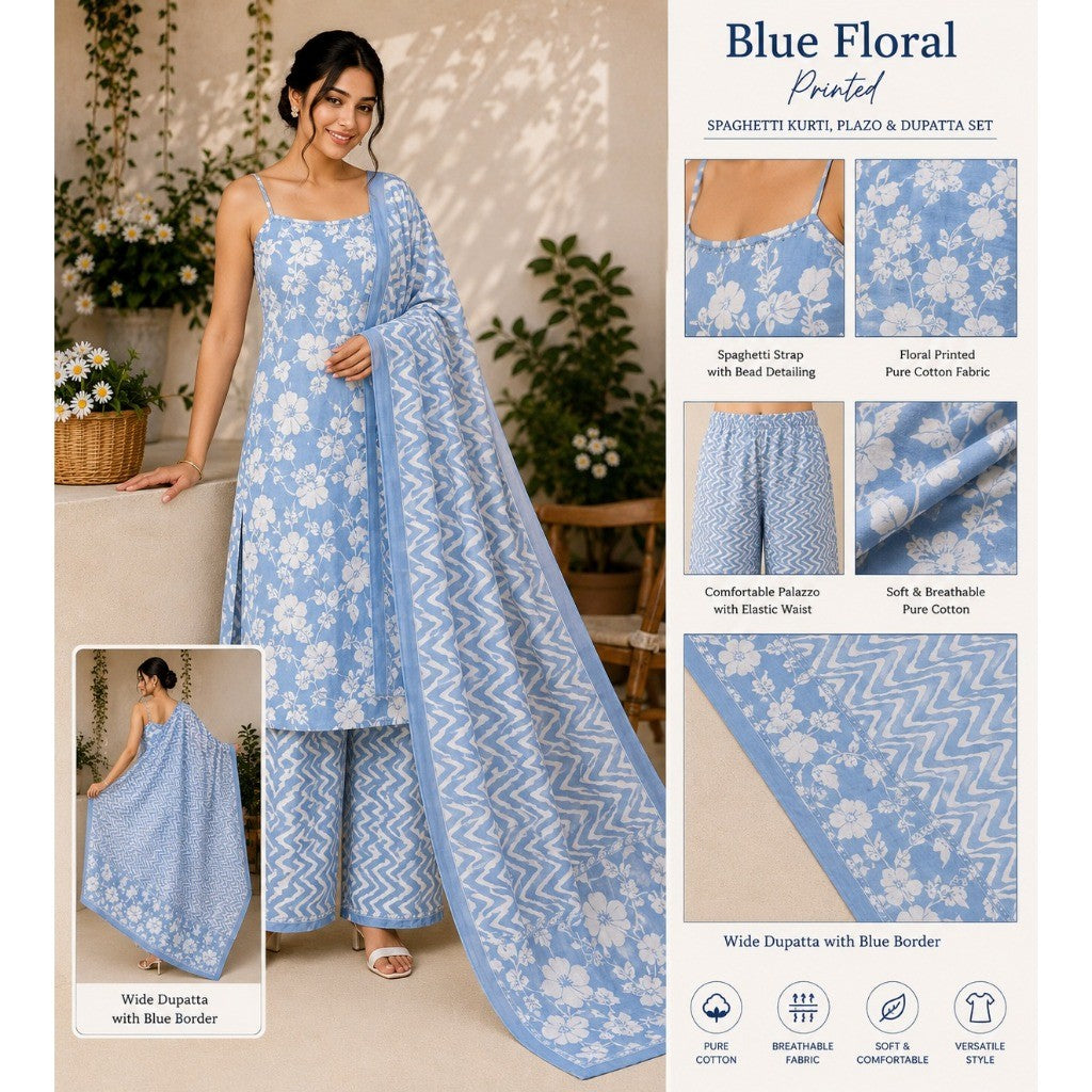 Women's Floral Printed Pure Cotton Kurti Set with Palazzo & Dupatta