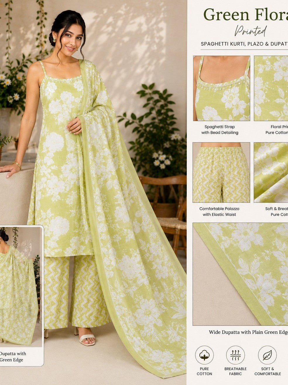 Women's Floral Printed Pure Cotton Kurti Set with Palazzo & Dupatta
